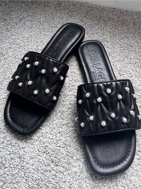 Karl Lagerfeld Paris Madyson Black Quilted Slide Sandals with Pearl Studs size 8